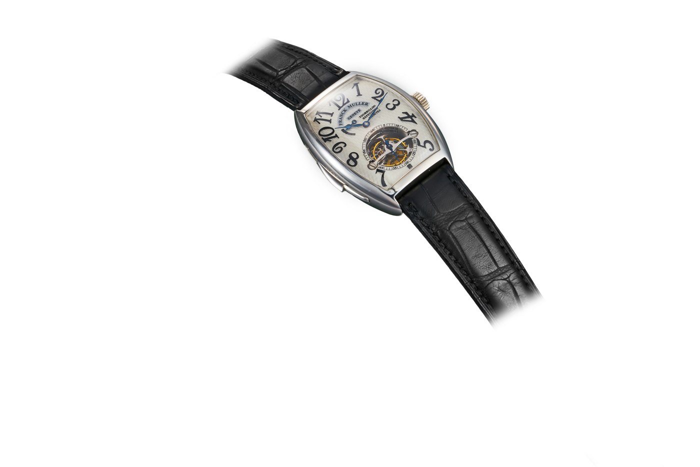 Front view of the Franck Muller Imperial Tourbillon Répétition Minutes, showing the tourbillon aperture, power reserve sector, and Arabic dial numerals.