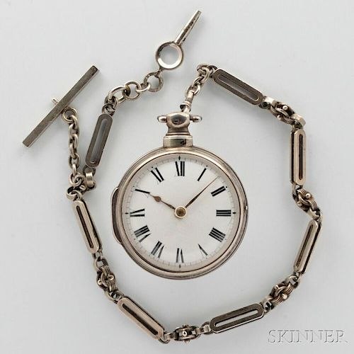 Dial view of D. Edmonds pair-cased silver verge watch shown with attached bar and link chain