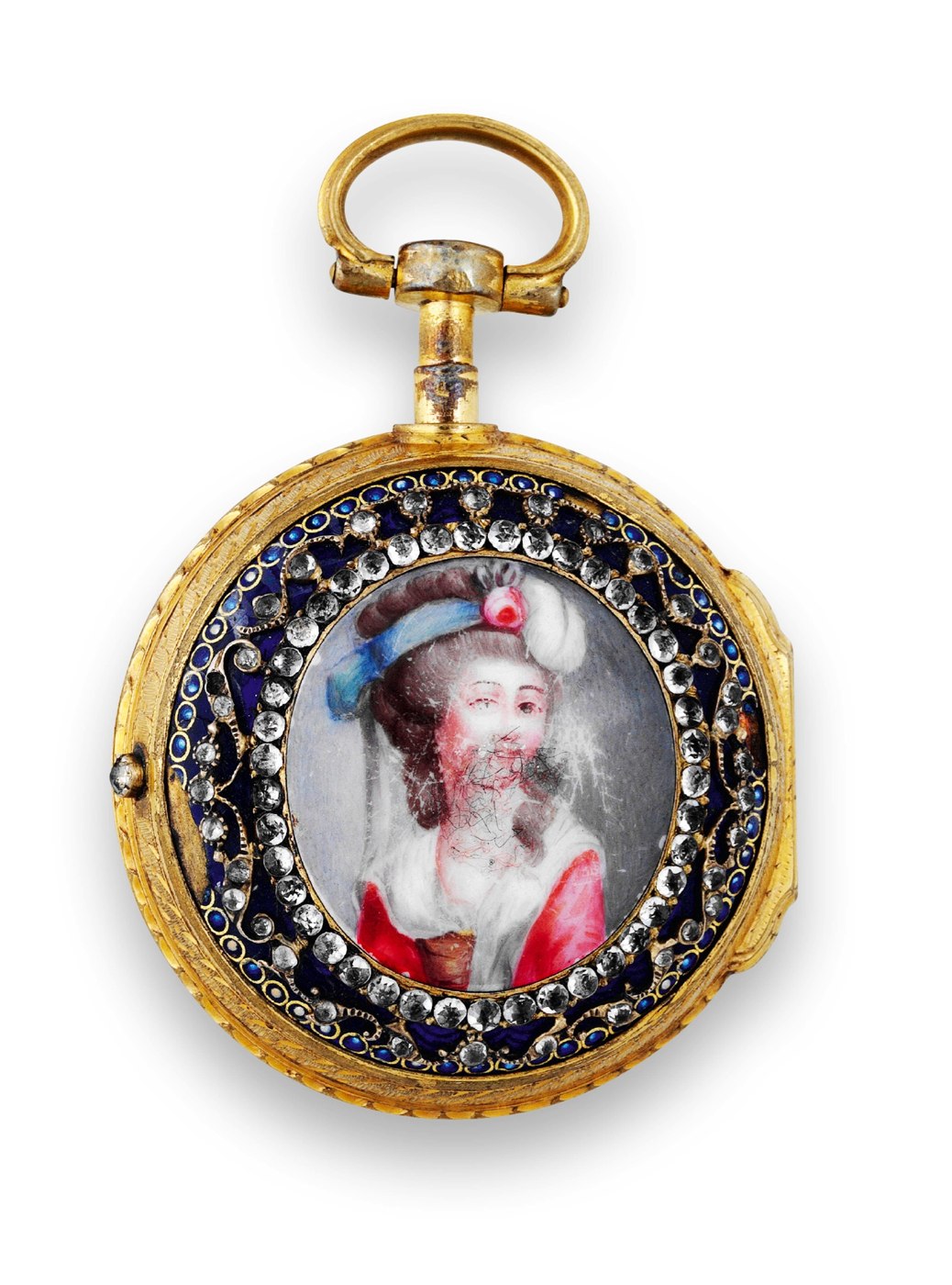 Front view of the Bordier pair-cased pocket watch, showing the enamel portrait and paste-set bezel.