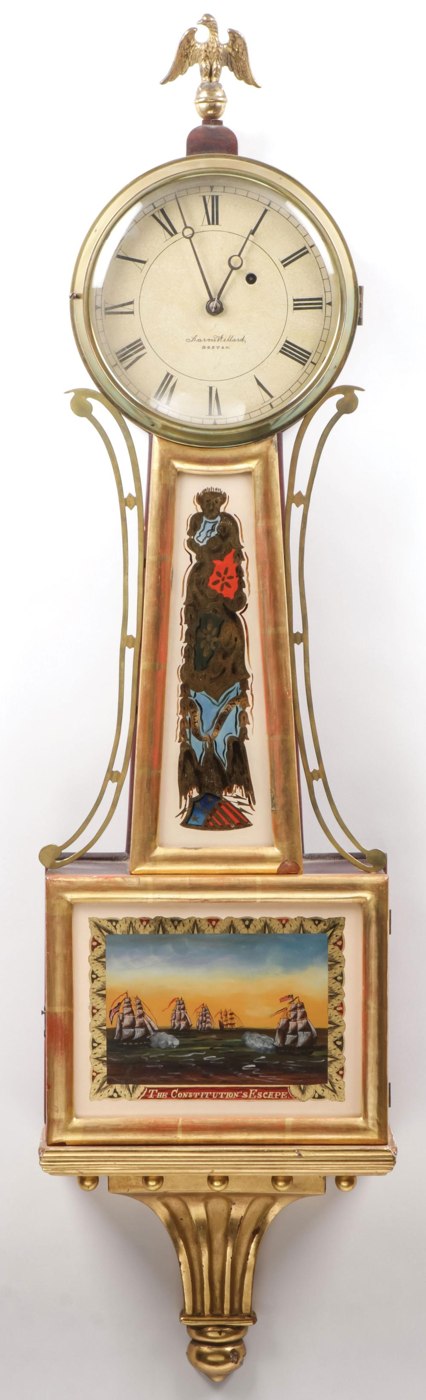 Front view of the Aaron Willard banjo clock showing the dial, glass throat and lower tablets, and giltwood tail.