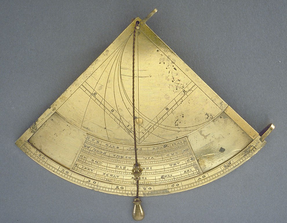 Front view of the 14th-century English brass quadrant, showing the altitude scale, the sliding zodiacal slider, and the hanging plumb bob.