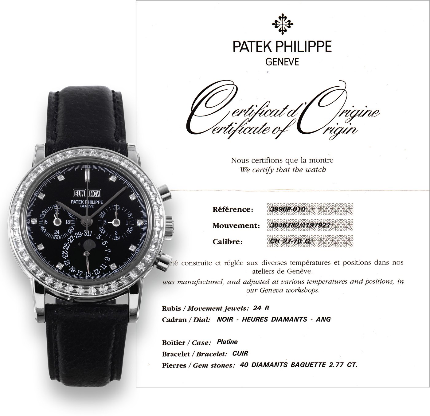 Front view of the Patek Philippe 3990P wristwatch alongside its original Certificate of Origin.