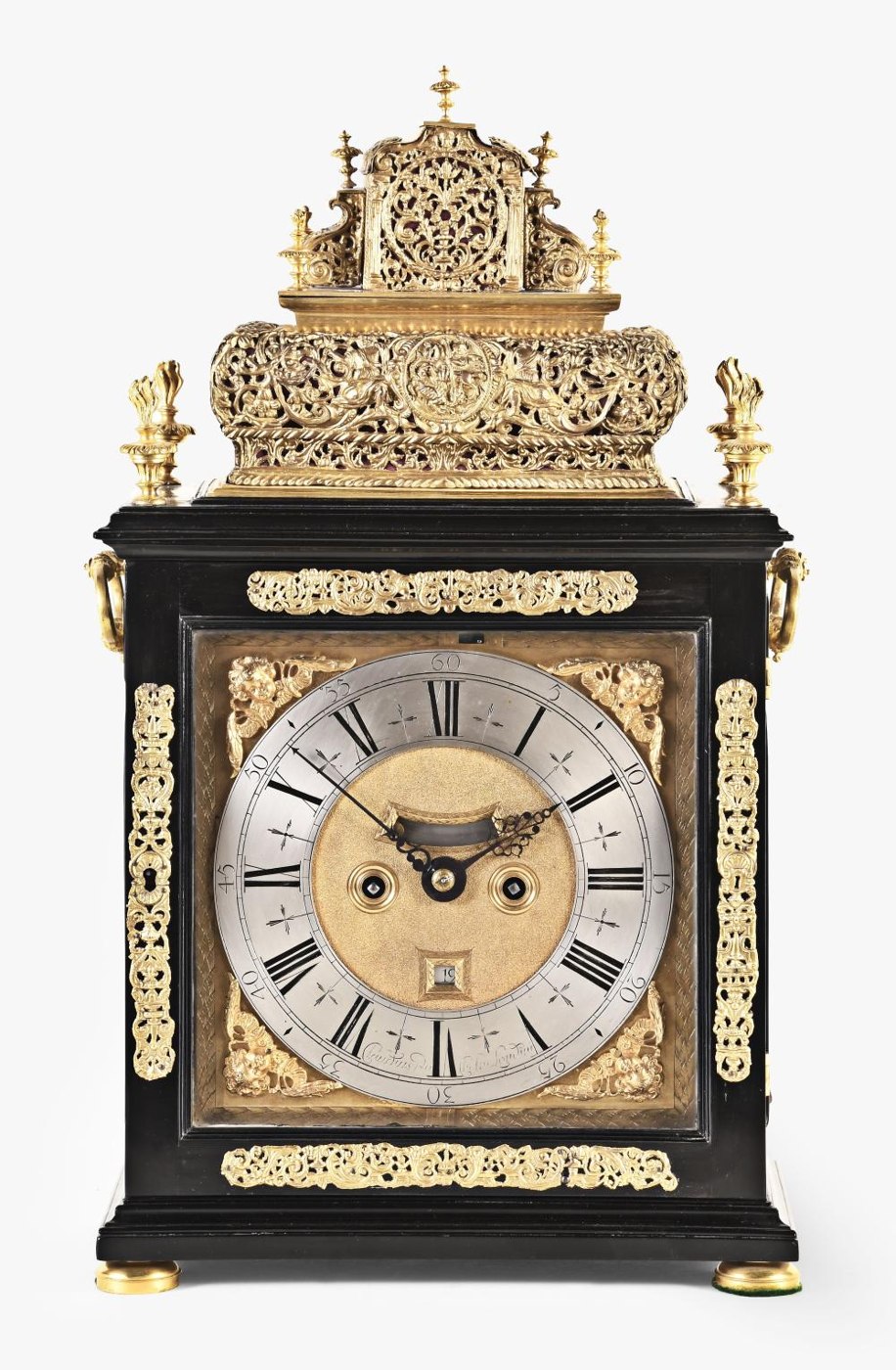 Front view of the Claudius DuChesne basket top table clock with the front door closed.