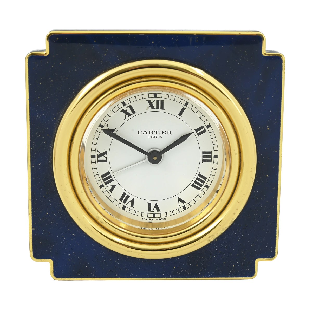 Front view of the Cartier square desk alarm clock showing the blue stepped frame, gilt bezel, and white Roman dial.