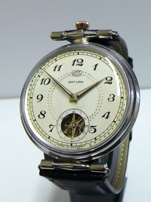 Three-quarter view of the UMF Ruhla Saturn marriage wristwatch