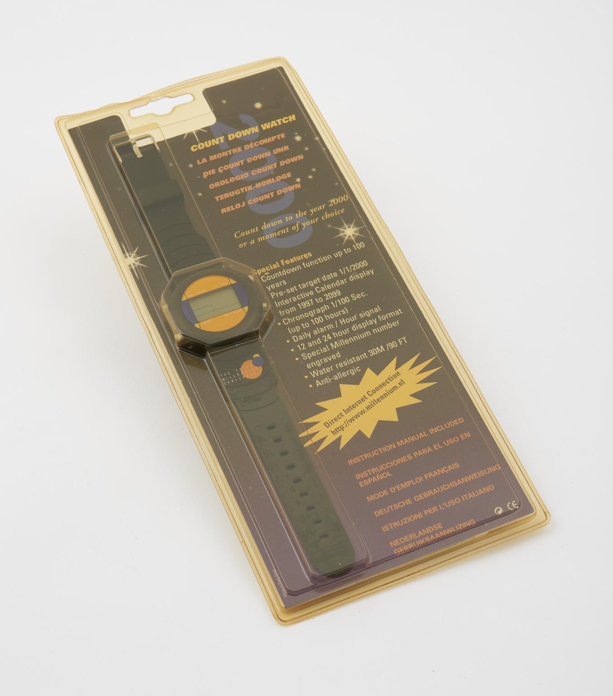 The 'Count Down' wrist-watch as preserved in its original retail blister packaging, detailing technical specifications on the backing card.