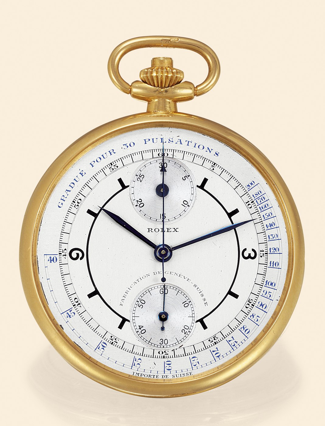 The 43 mm 'Doctor's Chronograph' pocket watch featuring an 18K yellow gold 'bassine' case and two-tone silver dial with a pulsometer scale.