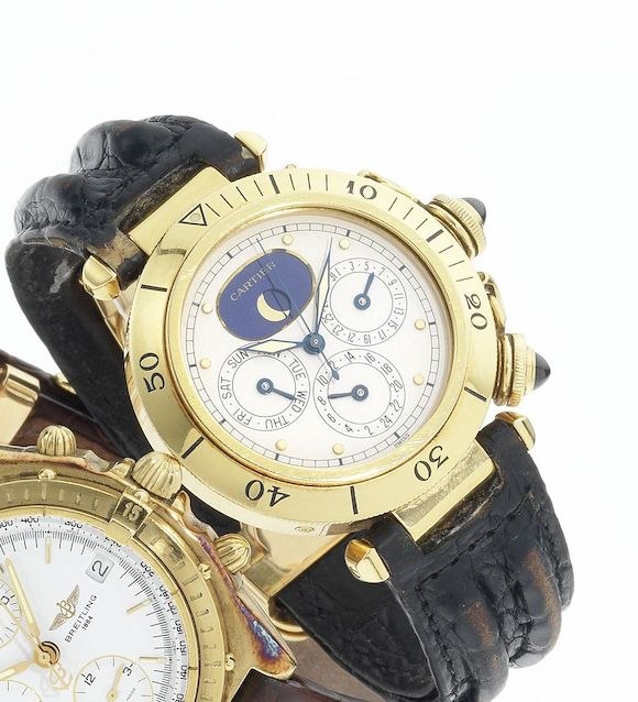 Front three-quarter view of the Cartier Pasha 18ct gold calendar dual time wristwatch
