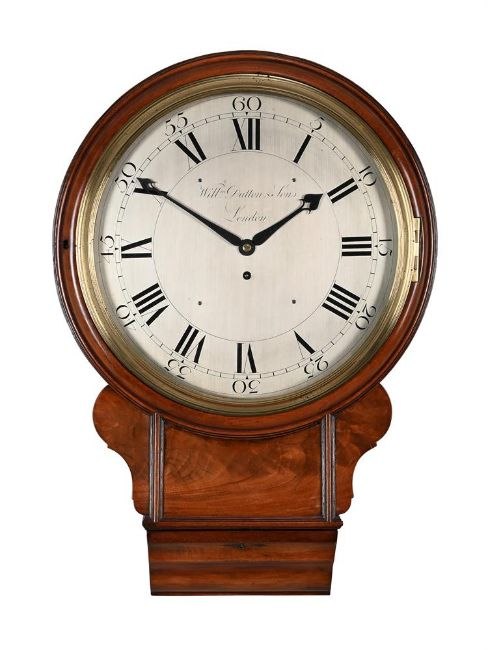 Frontal view of the George III mahogany drop-dial fusee wall timepiece showing the dial and drop-trunk case