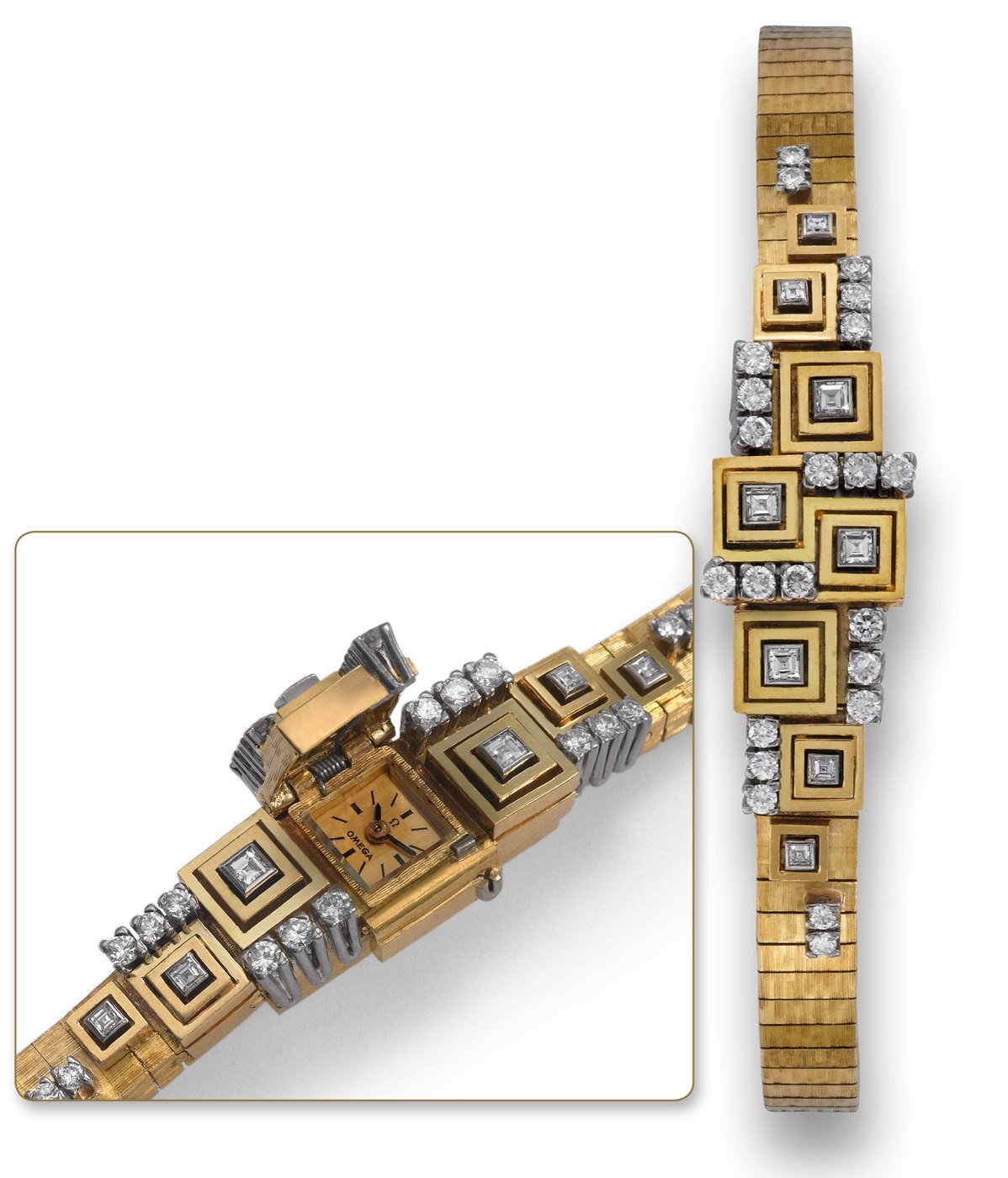 Omega concealed dial wristwatch in 18K gold and diamonds, shown with the dial cover closed (right) and open (left).
