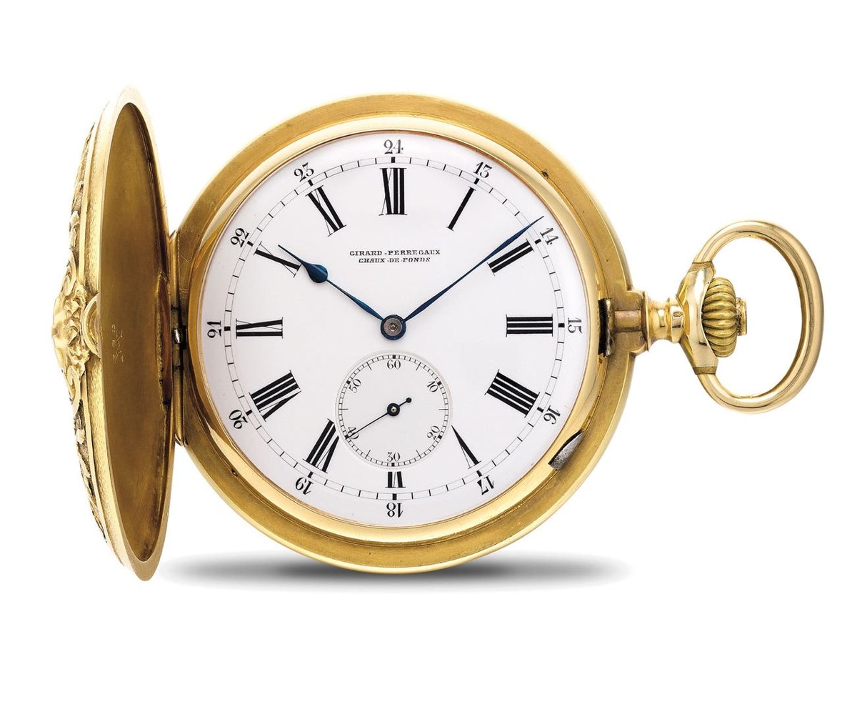 Girard-Perregaux 18k yellow gold hunter case detent chronometer pocket watch with white 24-hour dial