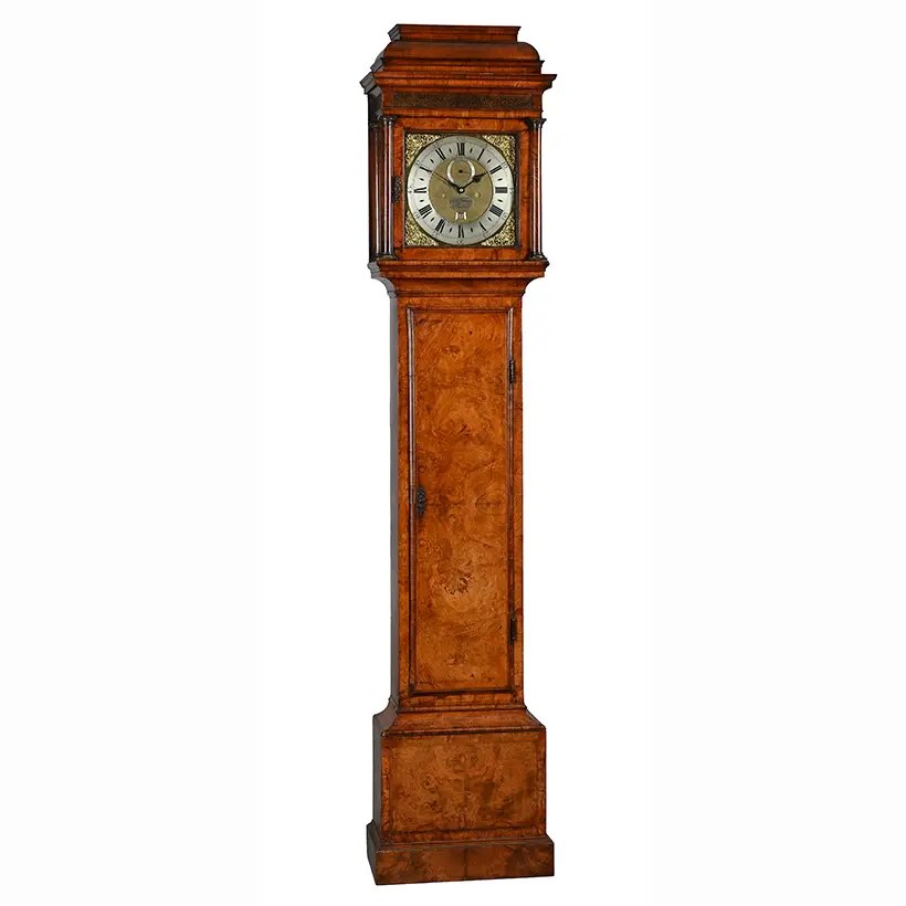Full frontal view of the George Graham George I burr walnut longcase clock no. 662