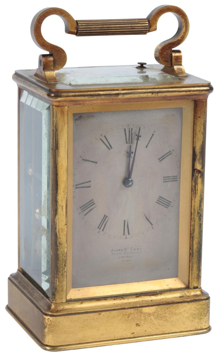 Front three-quarter view of the James McCabe brass double fusee carriage clock