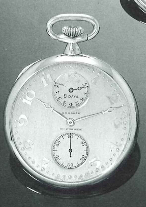 Front view of the Agassiz 8-day dress pocket watch showing the silver dial, power reserve indicator, and subsidiary seconds.