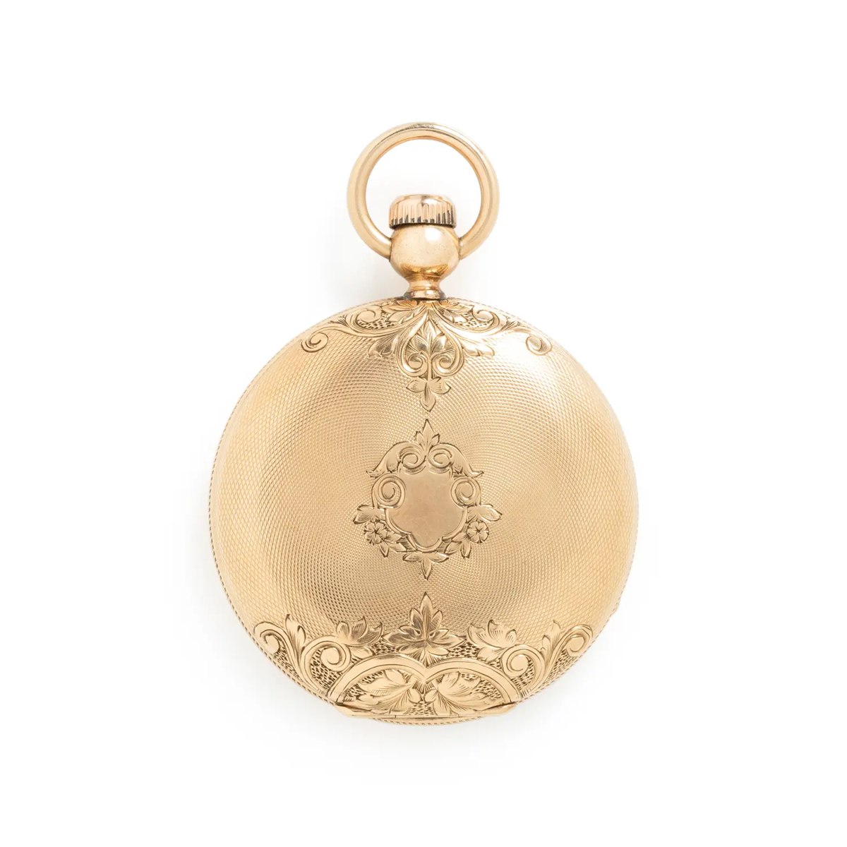 Exterior view of the Elgin yellow gold pocket watch case showing engine-turned engraving and suspension bow