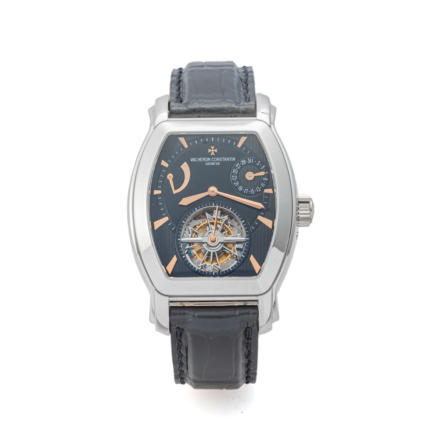 Front view of the Vacheron Constantin Malte Tourbillon showing the tourbillon cage, power reserve, and date display.