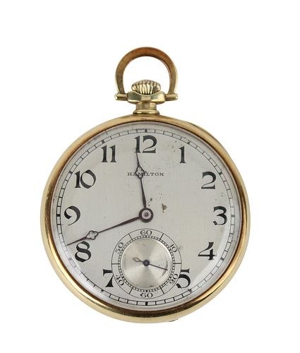 Front view of Hamilton 14K yellow gold open-faced pocket watch