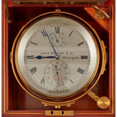 Top-down view of the silvered dial and gimbal mount inside the mahogany casing