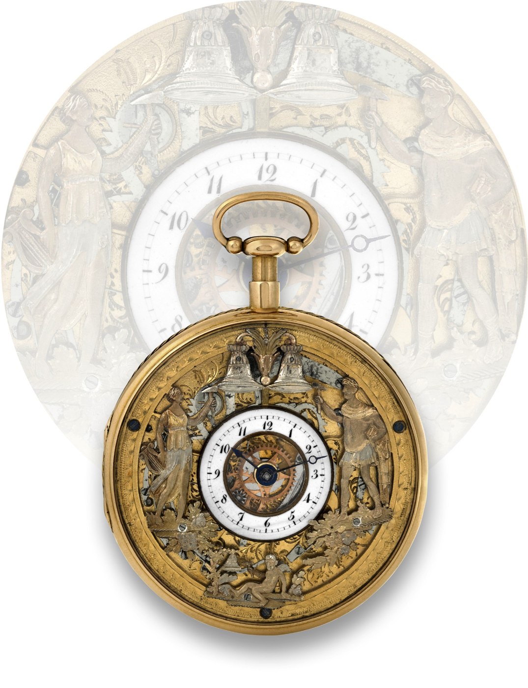 Front view of the 18K gold automaton pocket watch with three-hammer carillon repeating, featuring automaton jacks.