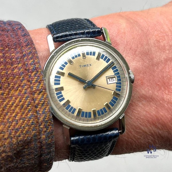 Front view of the Timex manual wind date watch on wrist