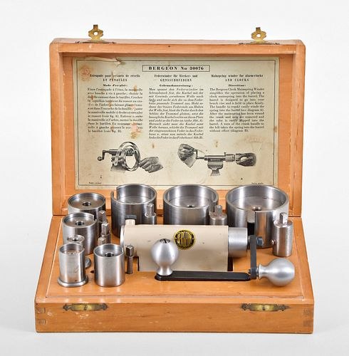 Bergeon No. 30076 clock mainspring winder set with handle, retainers, and arbors in fitted wooden box