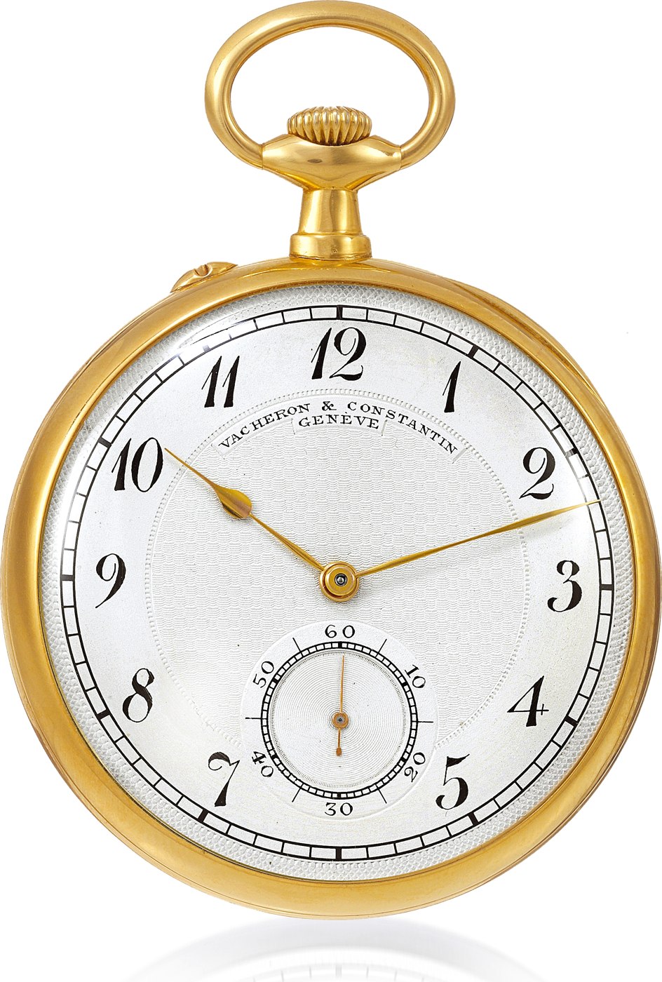 Front view of the Vacheron & Constantin pocket watch, showing the silver engine-turned dial and gold spade hands.