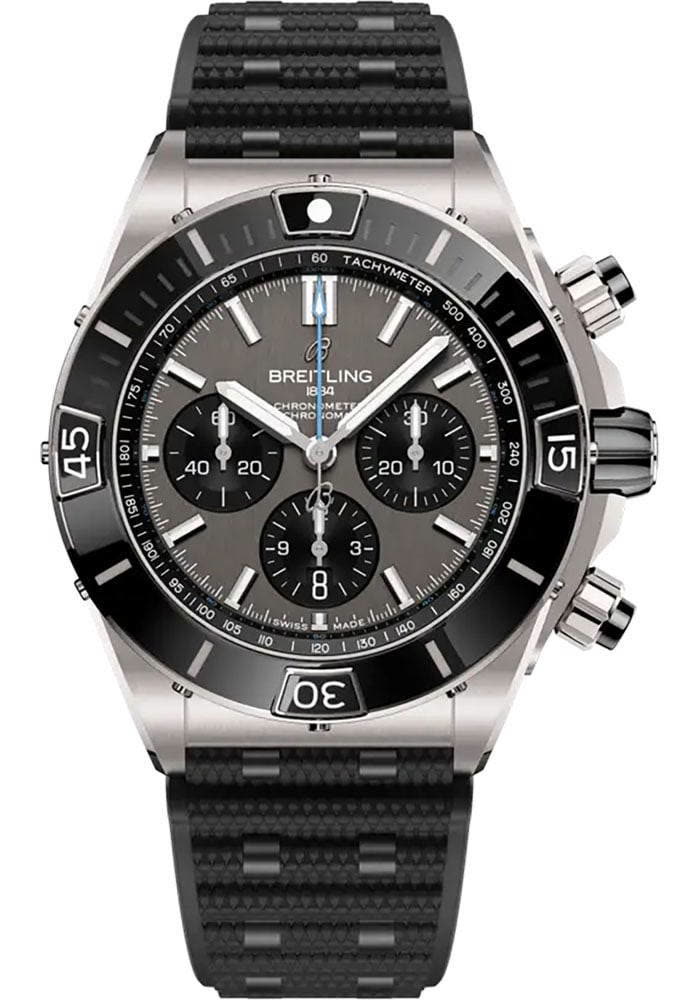 Front view of Breitling Super Chronomat B01 with anthracite dial and rubber strap