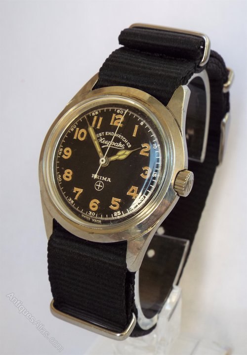 Three-quarter view of the West End Watch Co Keepsake Prima wristwatch on a black NATO strap