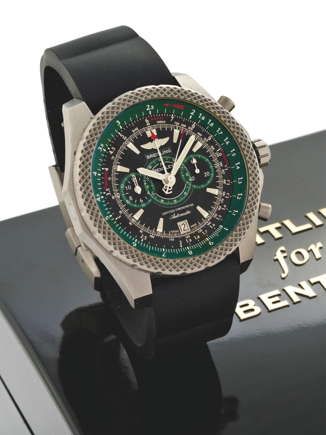 Breitling for Bentley Supersports Light Body Chronograph, reference E27365, shown with the bezel and green slide-rule scale visible.