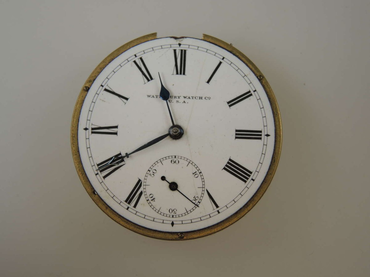 Dial side of the Waterbury Watch Co Series J pocket watch movement