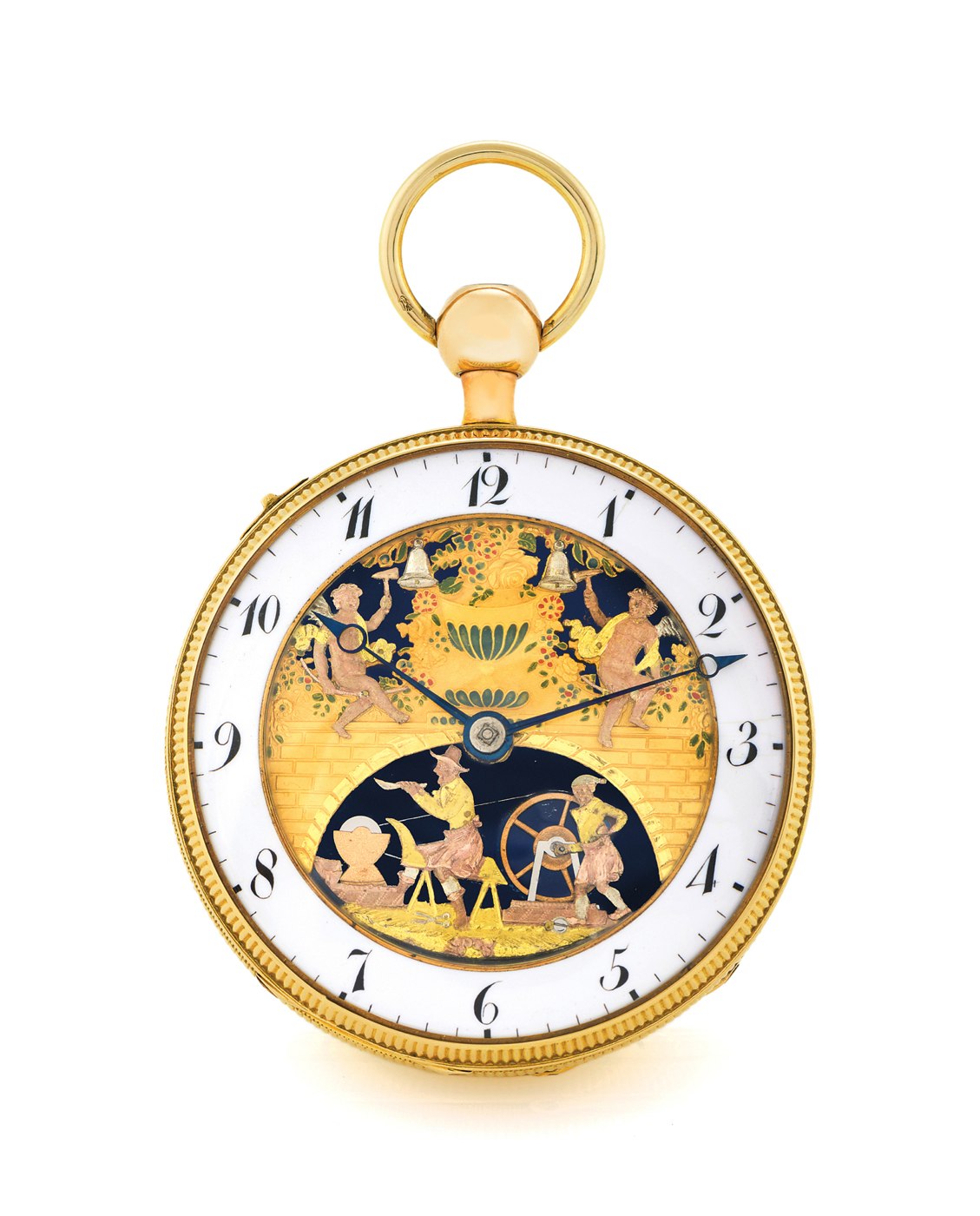 Front view of the 18K gold quarter-repeating pocket watch showing the automaton scene of a knife-grinder and assistant.
