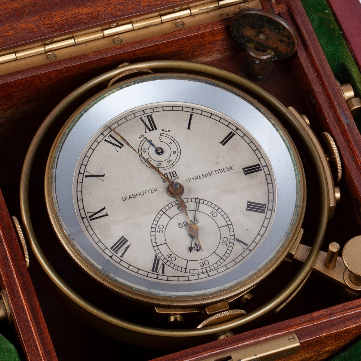 Dial and gimbal-mounted brass bowl of GUB Glashütte marine chronometer no. 8938