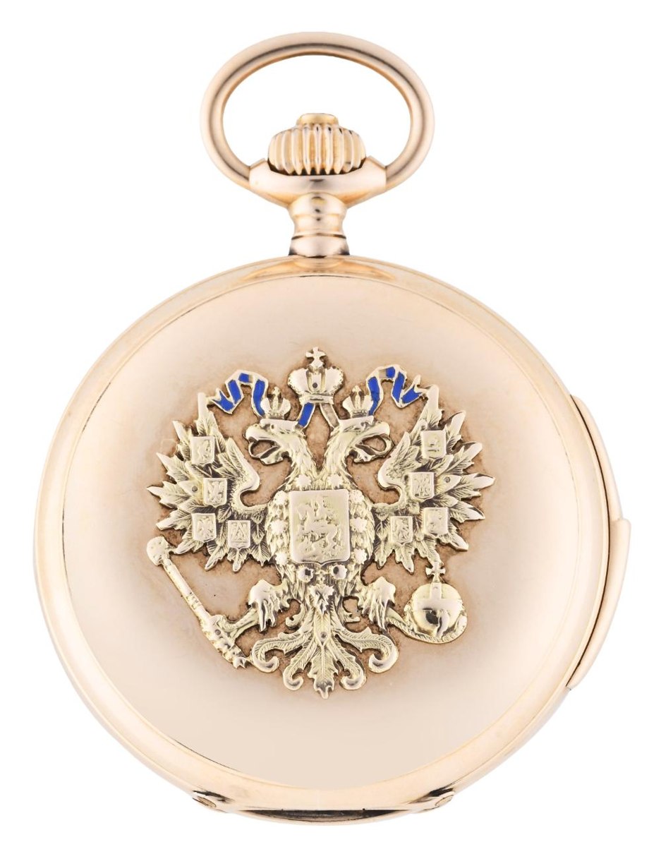 Front lid of the Pavel Buhre rose gold hunting case pocket watch with applied Russian Imperial eagle