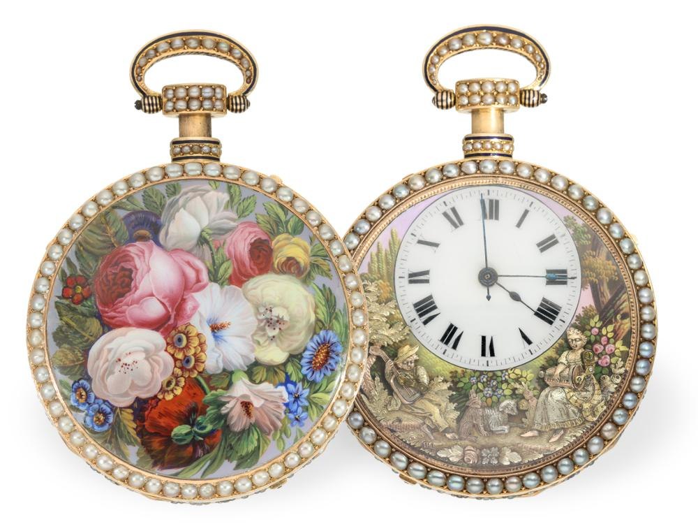 Front and back views of an 18K pink gold and enamel musical automaton pocket watch attributed to Piguet & Meylan, ca. 1820.