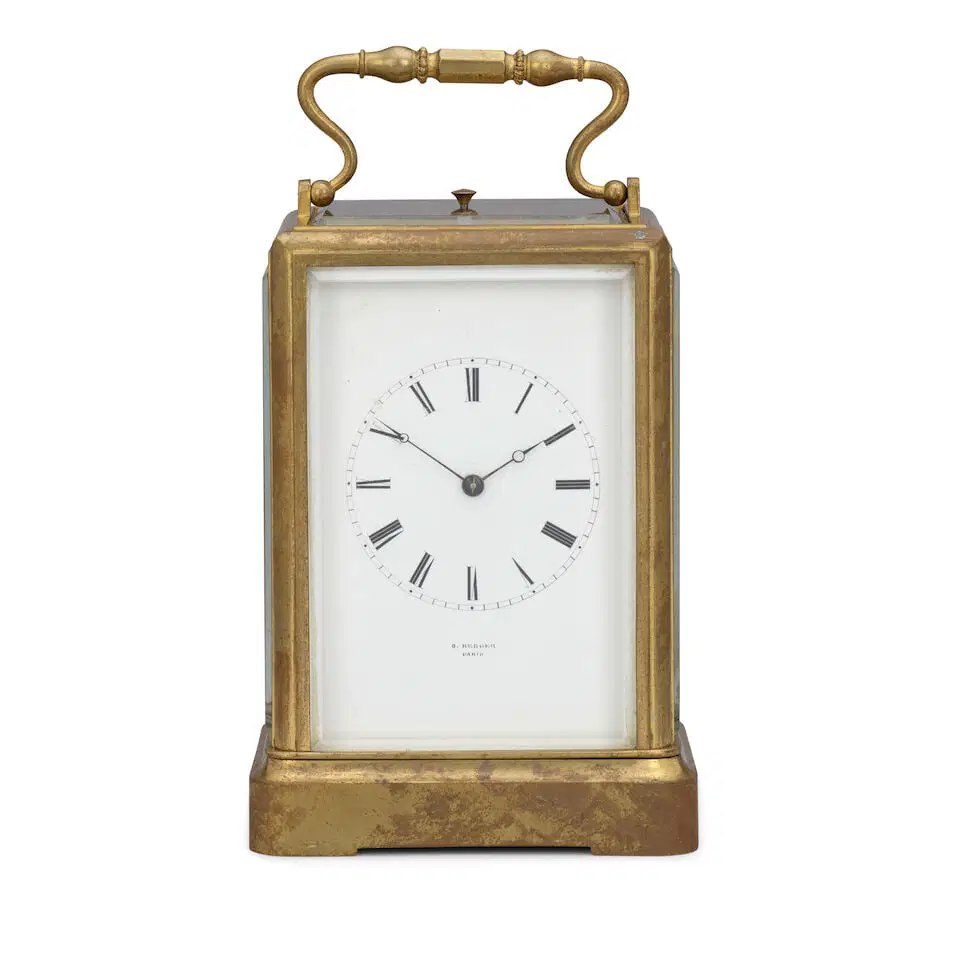 Front view of the Japy Frères one-piece French carriage clock retailed by O. Berger