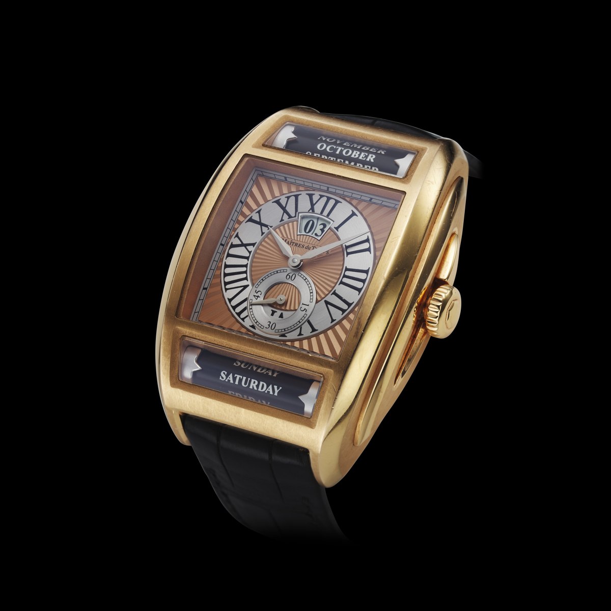 Front three-quarter view of the Maîtres du Temps Chapter Two in 18k rose gold with salmon guilloché dial and roller displays