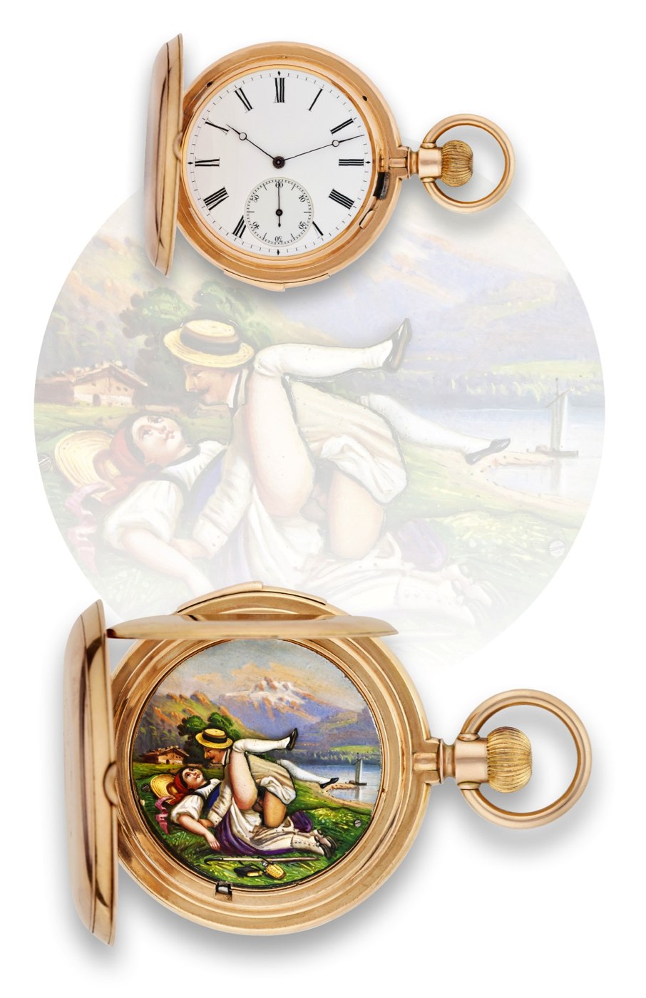 The obverse showing the dial, and the internal view showing the erotic automaton scene when the cuvette is open.