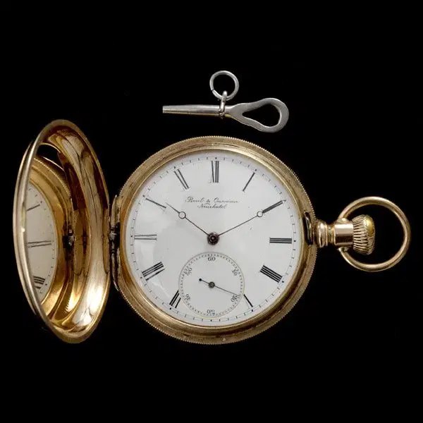 Borel & Courvoisier open hunting case pocket watch with dial, bow, and accompanying key