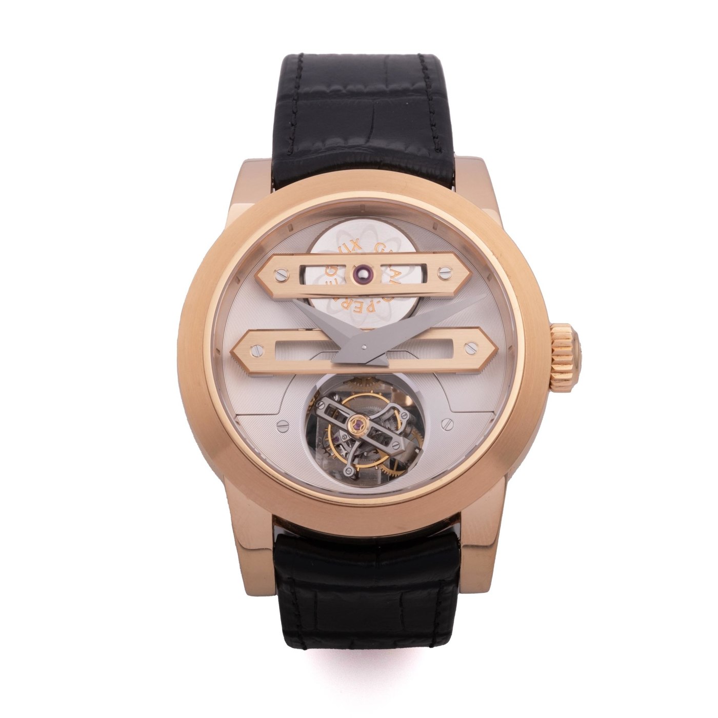 Front view of the Girard Perregaux Bi-Axial Tourbillon featuring the visible regulator and gold bridge construction.