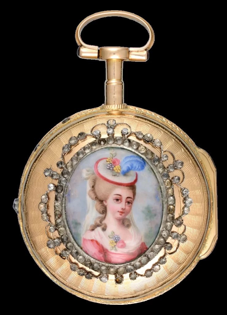 Back view of the 18K gold outer case showing engine-turning and an enamel miniature portrait framed by clear stones