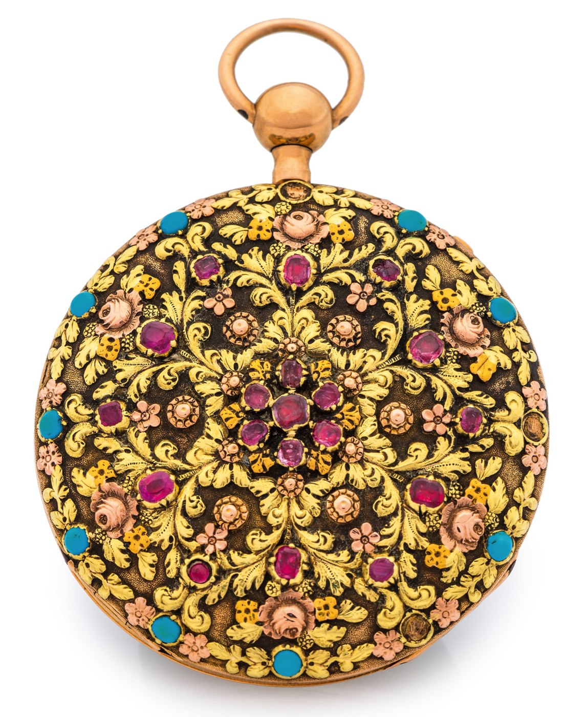 Back view of the 18K varicolored gold quarter-repeating pocket watch showing the rosette of turquoises and rubies with applied floral gold work.