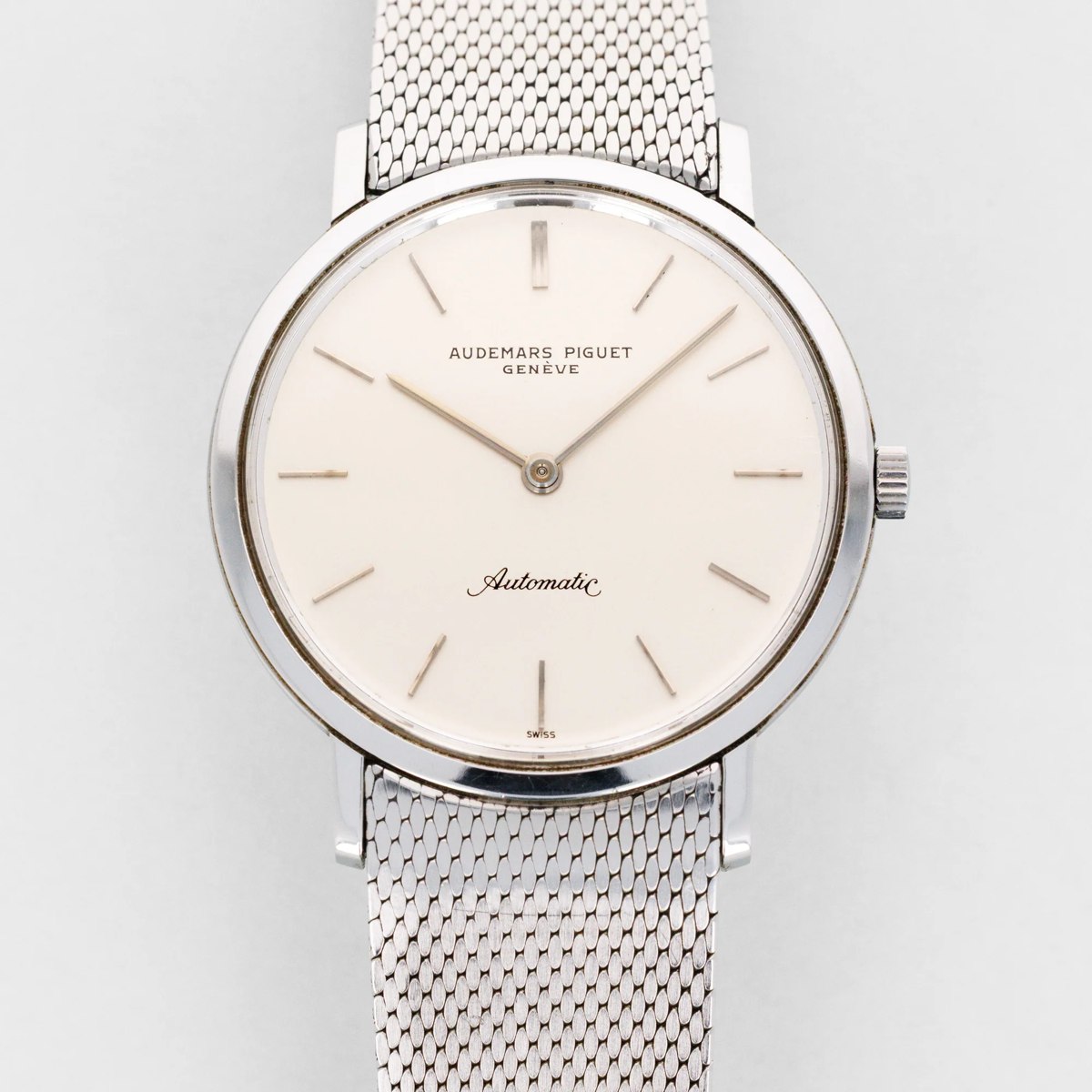 Audemars Piguet steel automatic wristwatch with silver dial and mesh steel bracelet