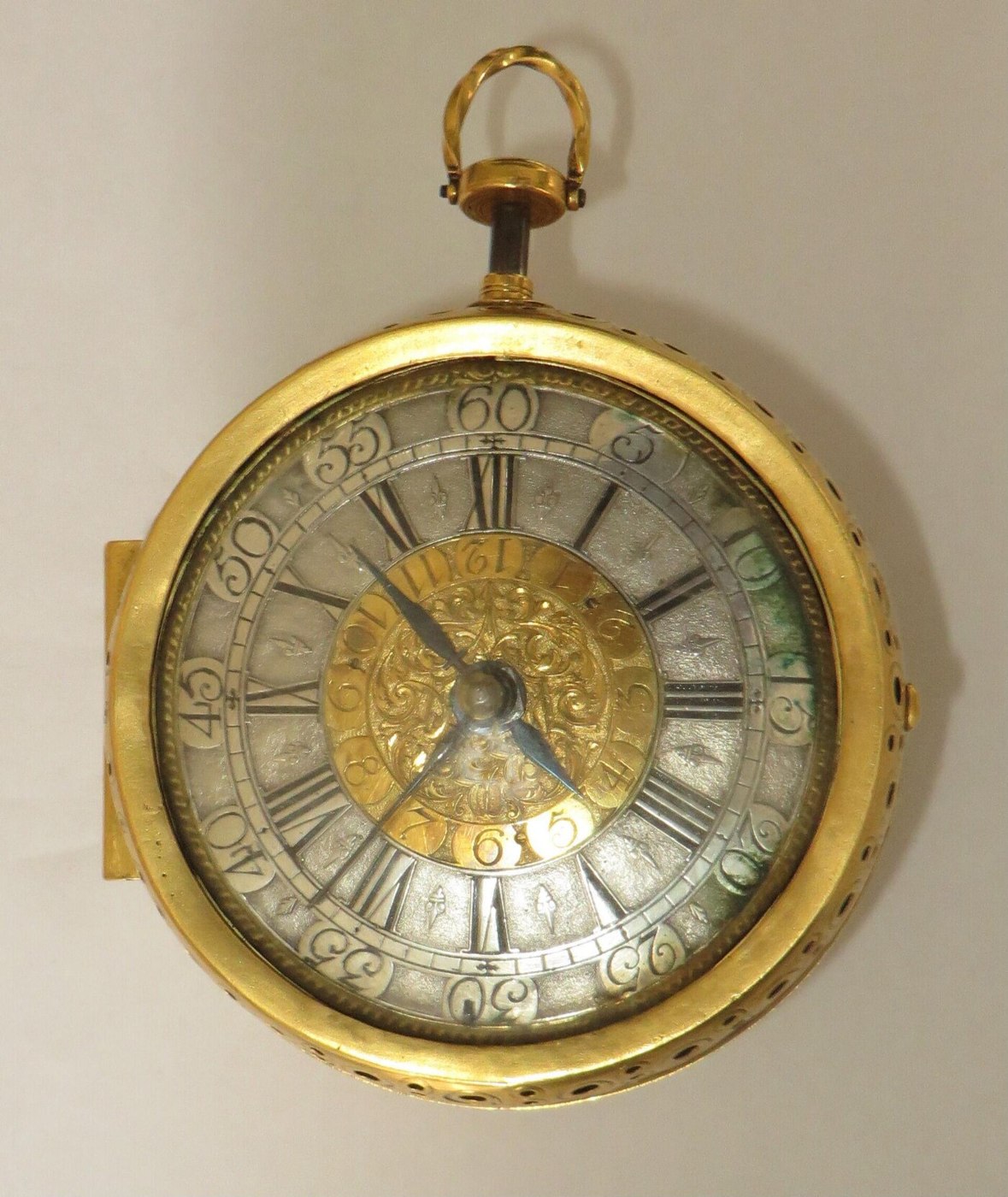 Front view of the Wilhelm Köberle coach watch, showing the silver dial, alarm-dial, and pierced gilt-brass case.