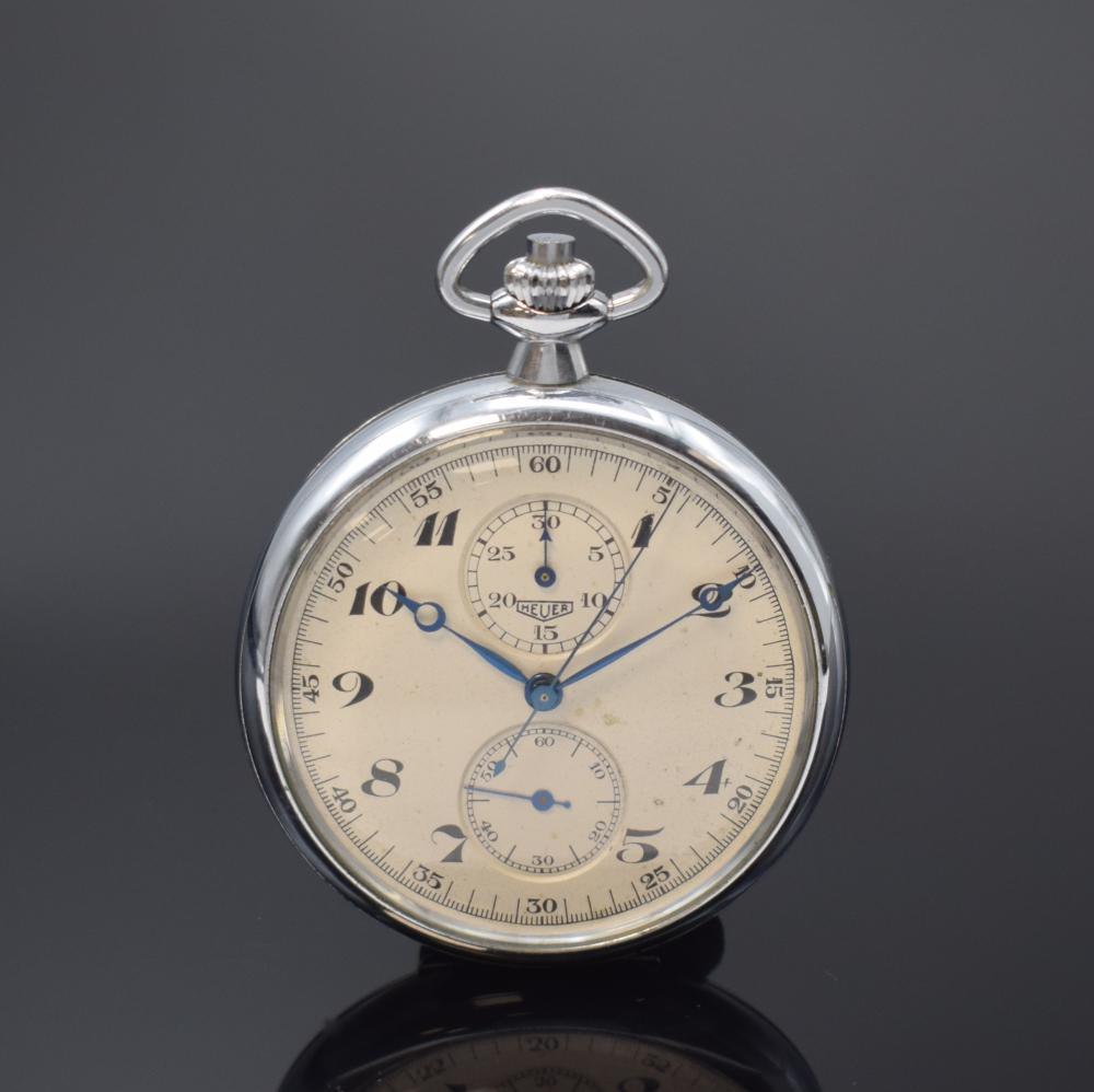 Front view of the Heuer pocket watch showing the silvered dial and 30-minute register.