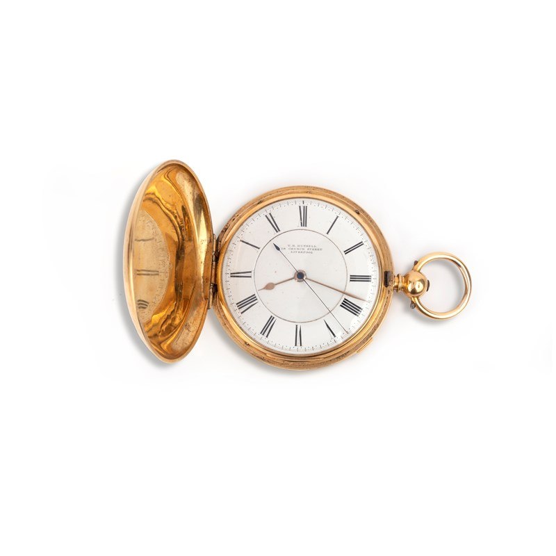 Front view of T.R. Russell 18ct gold pocket watch chronograph with open front cover