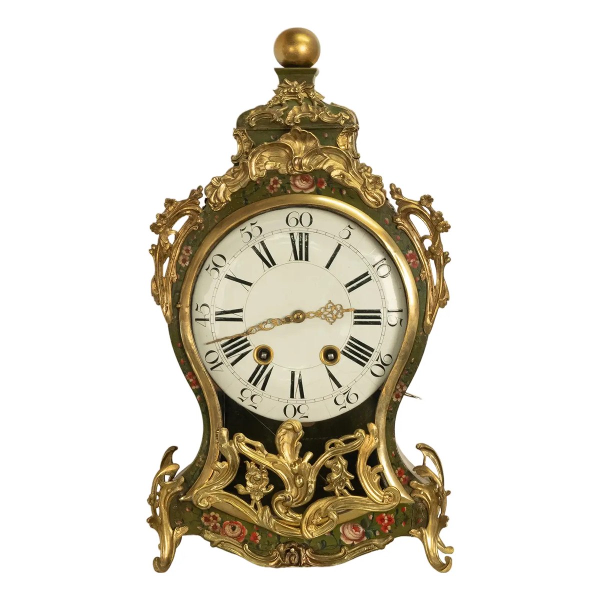 Front view of the painted green lacquer and ormolu-mounted Louis XV cartel clock