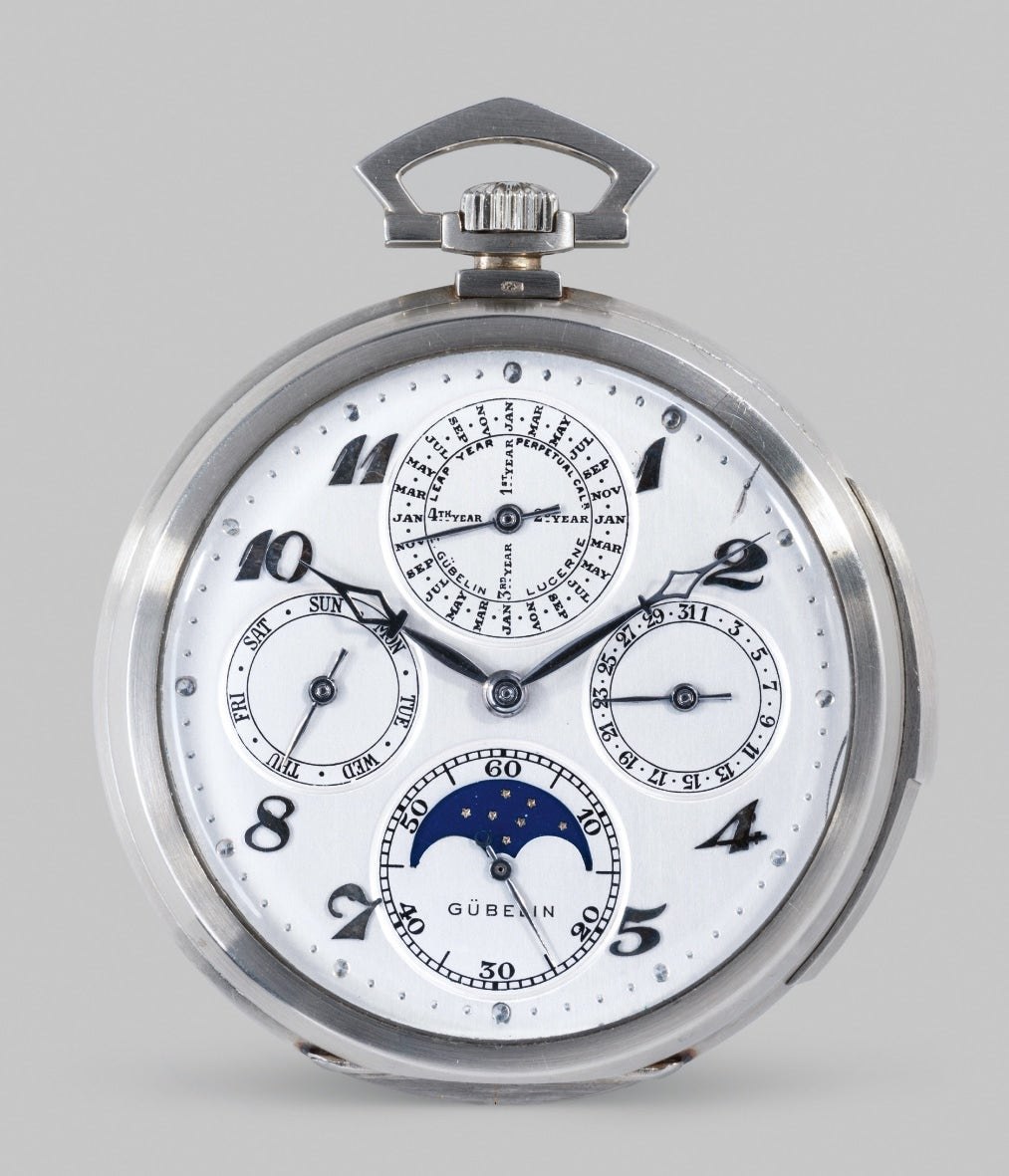 Dial view of the Gübelin 18K white gold minute repeating perpetual calendar open face pocket watch