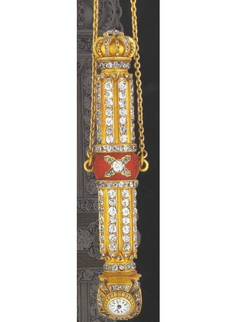 18K gold and enamel double scent flask, showing the diamond-set shaft and the watch face integrated into the base.