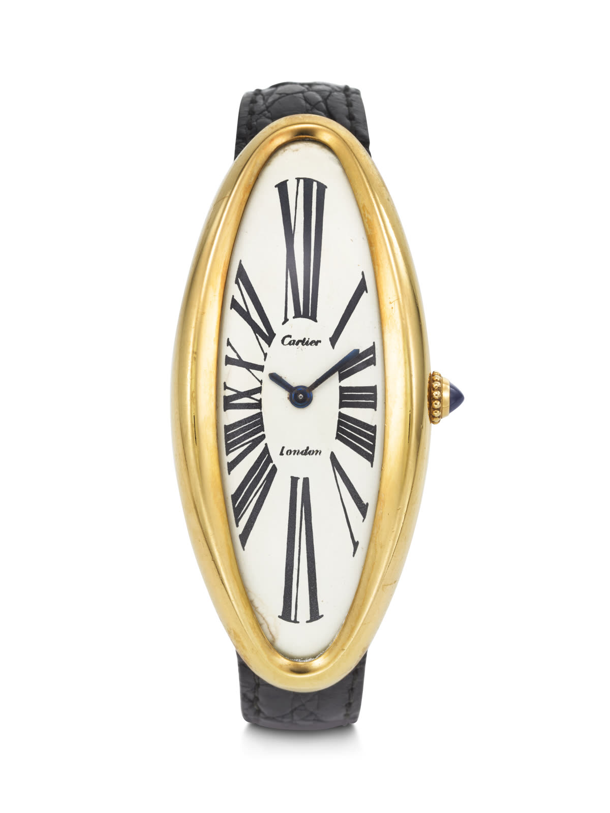 Front view of Cartier London Baignoire Allongée wristwatch showing dial and 18k gold case