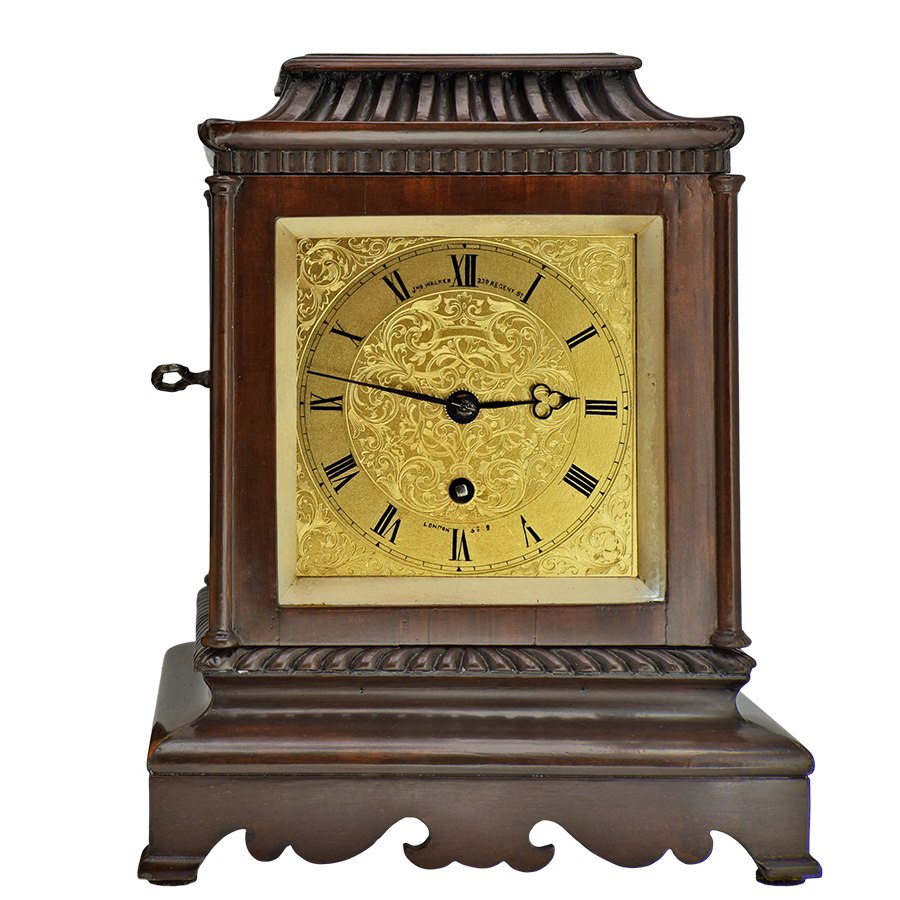 Front view of the John Walker four-glass mahogany mantel clock with engraved gilt brass dial